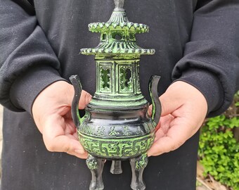 Brûleur d'encens tour trépied Ding en bronze antique, brûleur aromatique en cuivre oxydé, décoration d'autel
