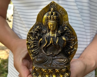 Statue vintage en laiton de Guanyin aux mille bras, Avalokiteshvara aux mille yeux, décoration d'autel bouddhiste
