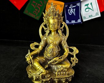Estatua de latón amarillo de la deidad de la riqueza, figura de cobre de estilo tibetano, decoración de altar de prosperidad.