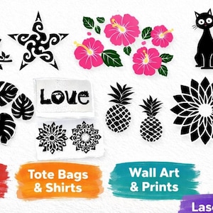 Puede incluir: Una colección de diseños recortados en blanco y negro, que incluyen búhos, gatos, flores y piñas. La imagen también presenta etiquetas de texto para "Cricut & Silhouette", "Tote Bags & Shirts", "Wall Art & Prints" y "Laser Cutting".