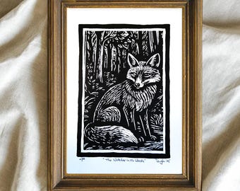 The Watcher in the Woods | Fox Print | Woodland Art | Pen and Ink Drawing | Black and White Linocut Style Wildlife Artwork