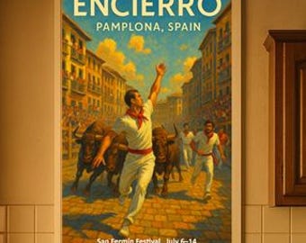 May include: A kitchen scene with a framed poster of the Encierro in Pamplona, Spain. The poster shows people running from bulls. A coffee maker, utensils, and a bowl of oranges sit on the counter. A round wooden table and chair are in the foreground.