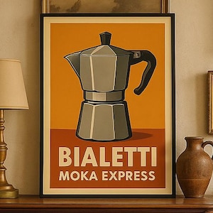 Peut inclure: Affiche encadrée de style rétro représentant une cafetière Bialetti Moka Express. L'affiche présente un fond orange et marron avec le texte "BIALETTI MOKA EXPRESS". L'affiche est exposée sur un meuble en bois, entourée d'autres œuvres encadrées.