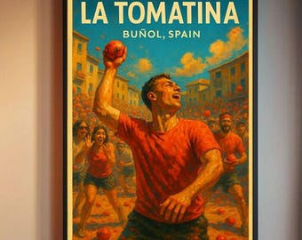 May include: A framed poster with the text "LA TOMATINA BUNOL, SPAIN" depicts a vibrant scene of people throwing tomatoes. The artwork features a man in a red shirt throwing a tomato, with others in the background. The poster is framed in black.