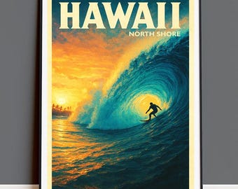 Póster de surf de la costa norte de Hawái / Lámina de viaje vintage (Descarga digital)