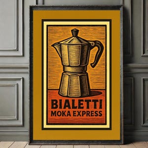 Könnte beinhalten: Gerahmter Kunstdruck mit einer Vintage-Illustration einer Bialetti Moka Express Kaffeemaschine. Das Kunstwerk verwendet Braun-, Orange- und Schwarztöne, mit dem Text "BIALETTI MOKA EXPRESS" unten. Der Druck ist vor einem gelben Hintergrund.