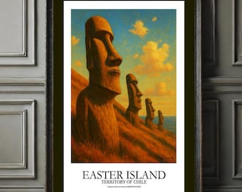 Easter Island Travel Poster: Vintage Moai Statue Art, Rapa Nui (Digital Download)