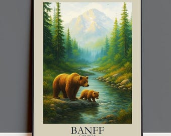 Pôster de urso do Parque Nacional de Banff – Impressão vintage de vida selvagem e paisagens montanhosas canadenses