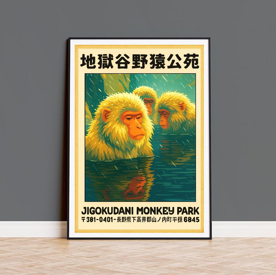 Snow Monkey Travel Poster – Vintage Jigokudani Japan Print
