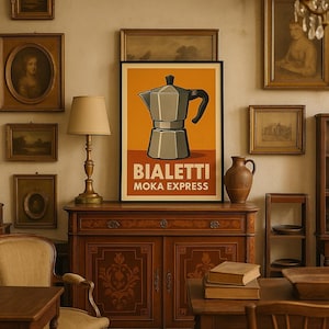 Retro Bialetti Moka Express Coffee Poster – Vintage Kitchen Wall Art, Mid-Century Italian Coffee Print