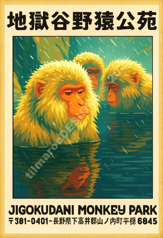 Snow Monkey Travel Poster – Vintage Jigokudani Japan Print