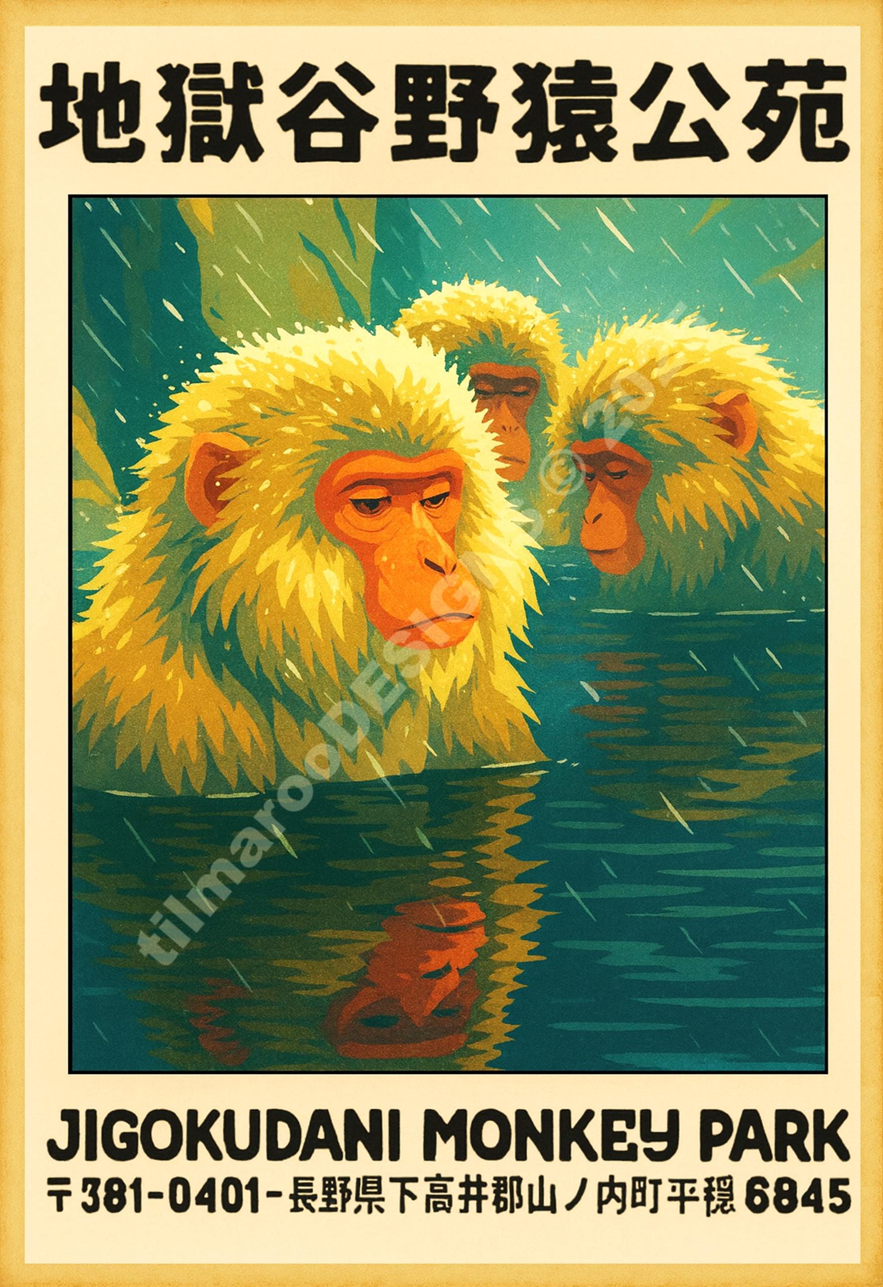Snow Monkey Travel Poster – Vintage Jigokudani Japan Print