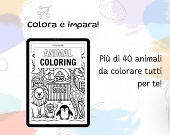 以下が含まれることがあります： 黒いタブレットには、ライオン、ペンギン、キリンが描かれた「Animal Coloring」の表紙が表示されています。「色を塗って学ぼう！」と「あなたのために40種類以上の動物を塗り絵！」というテキストも表示されています。