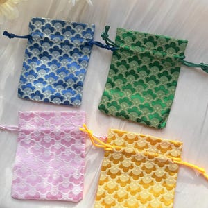 Japanese-Style Brocade Drawstring Pouch | Lucky Charm Bag | Seigaiha Wave Pattern Gift Pouch | Small Jewelry Bag | Multi-Color Fabric Pouch