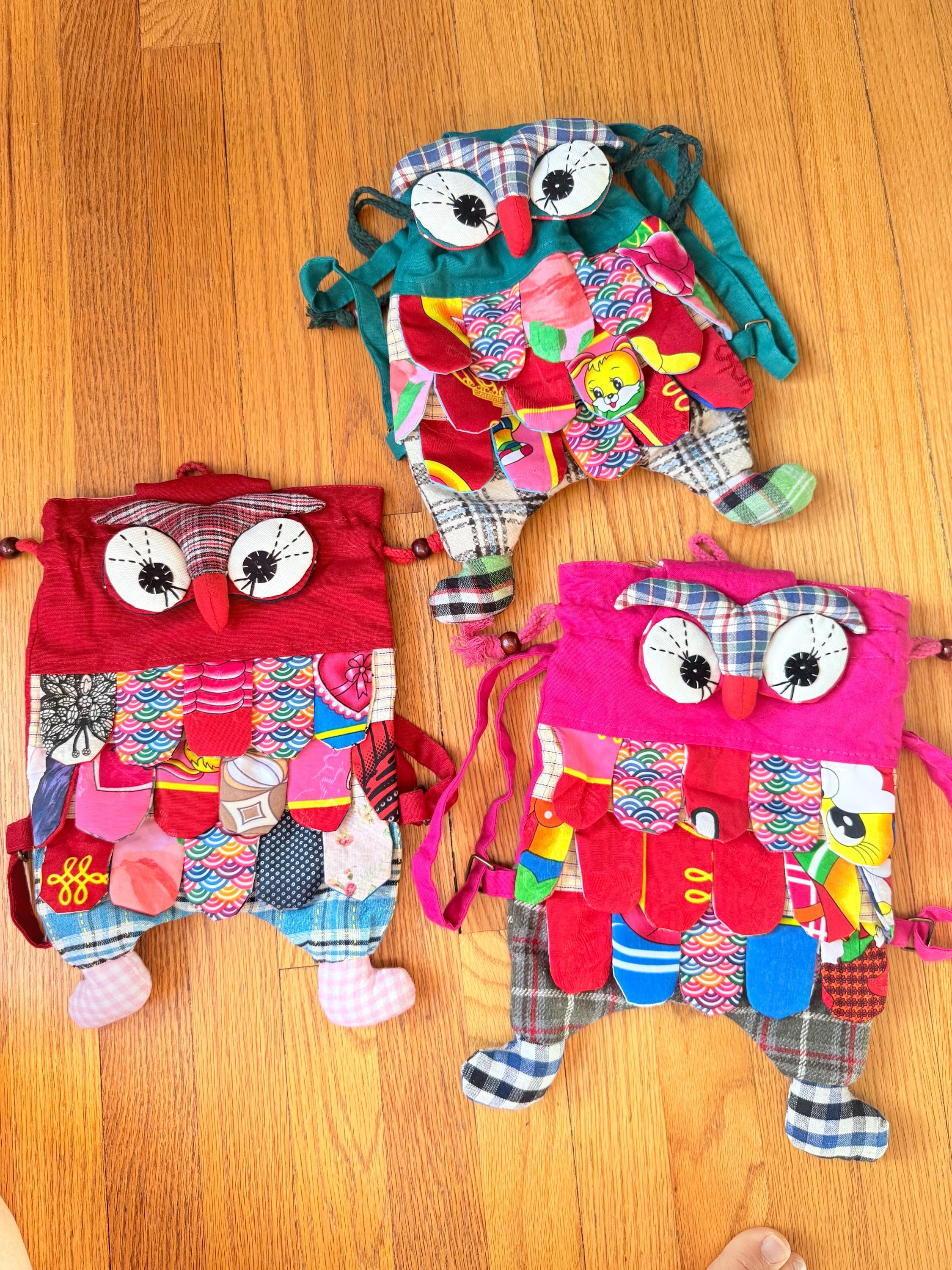 Handmade Owl Backpack, Colorful Fabric Owl Bag,Adjustable Strap Kids Backpack, Patchwork Owl Gift, C