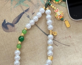 Pearl and Jade Phone Charm | Elegant Beaded Wrist Strap | Lucky Chinese Style Phone Chain | Gold and Green Accessory