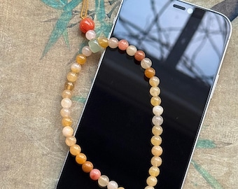 温かみのある宝石の携帯チャーム、ビーズ付きリストストラップ、イエローオレンジビーズの携帯ストラップ、かわいいバッグチャーム、彼女への手作りギフト、落下保護