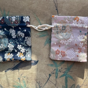 Japanese Brocade Drawstring Pouch | Kimono Fabric Gift Bag | Sakura Floral Amulet Bag | Jewelry Pouch | Omamori Style Luck Charm Bag