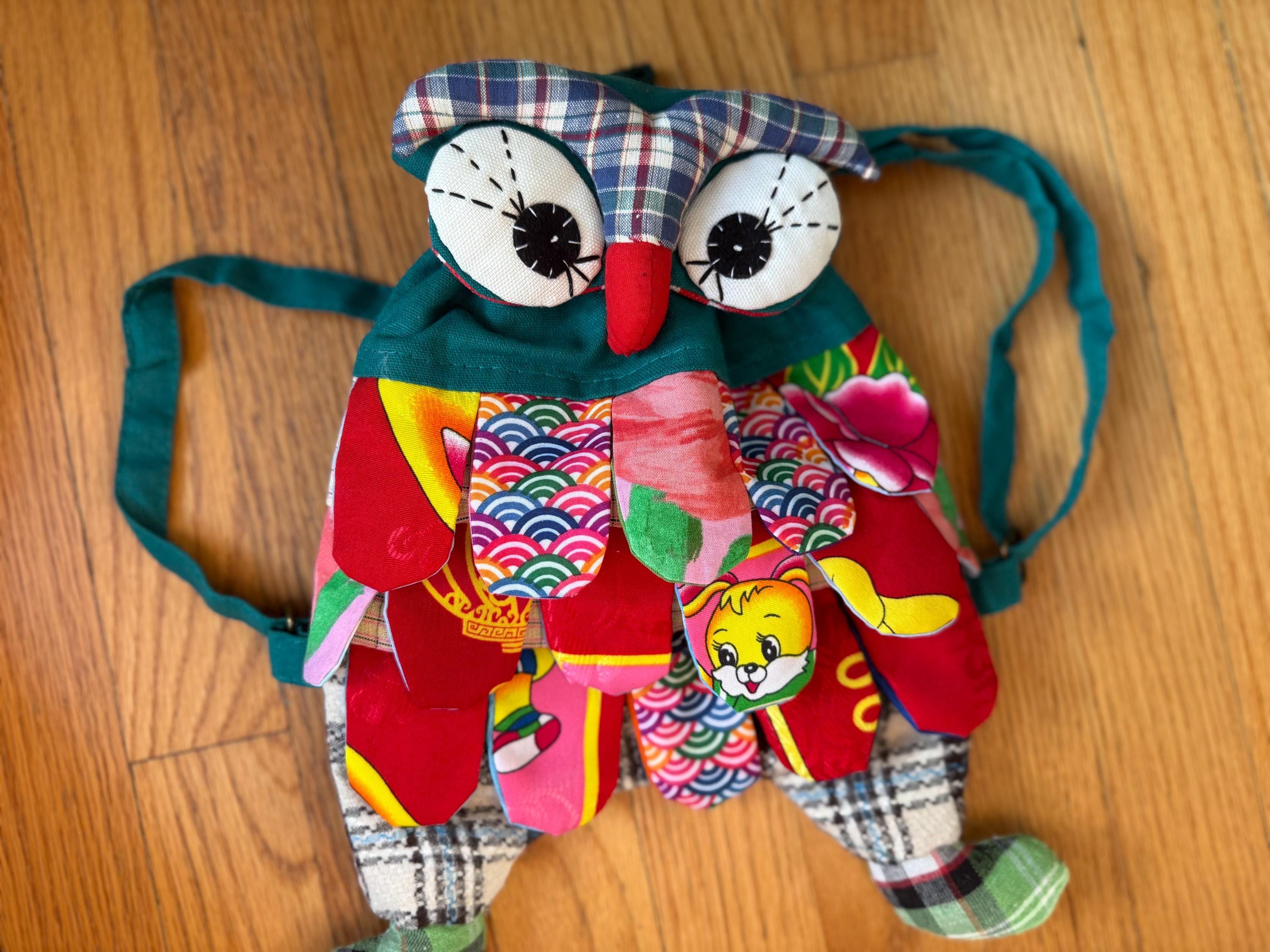 Handmade Owl Backpack, Colorful Fabric Owl Bag,adjustable  display picture 1