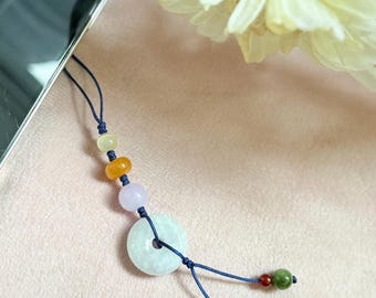 Handgemaakte jade telefoonbedel, natuurlijke jade donut hanger, Chinese feng shui-geluksbrenger, tashanger met kralen, schattige jade sleutelhanger cadeau