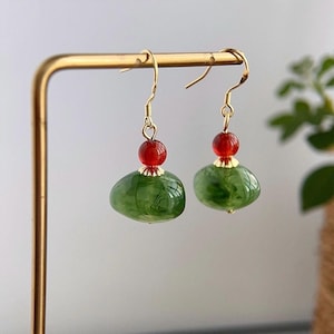 Jade Green & Red Bead Dangle Earrings – gold hooks, lightweight glass drops, Asian inspired gift for her