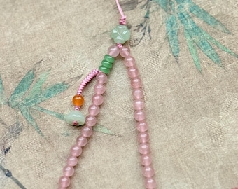 Rose Pink Phone Charm with Green Beads, Cute Wrist Strap, Beaded Phone Lanyard, Bag Charm Accessory, Gift for Her, Kawaii Phone Strap
