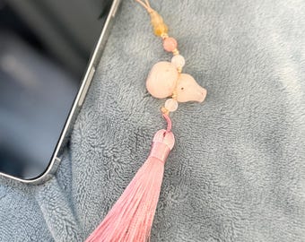 Pink Tassel Phone Charm, Handmade Jade Phone Charm, Chinese Feng Shui Lucky Charm, Beaded Bag Charm, Cute Keychain Gift