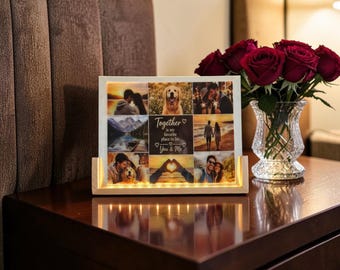 Custom LED Acrylic Plaque with Wood Base ,Personalised Photo Collage Lamp ,Custom Picture Night Light ,Anniversary Gift, Couple Photo Light