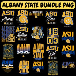 Peut inclure: Ensemble de graphismes avec les textes "Albany State" et "ASU" dans divers styles. Les designs incluent "Alumni", "Bae", "Mother" et "Forever", avec un graphisme de bélier. La palette de couleurs est principalement or, bleu et blanc sur fond noir.