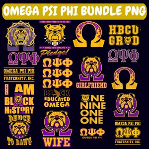 May include: A collection of graphic designs featuring the Omega Psi Phi fraternity. The designs include bulldog illustrations, the fraternity's Greek letters, and phrases like "Black History" and "Wife." The color scheme is purple and gold on a navy blue background.