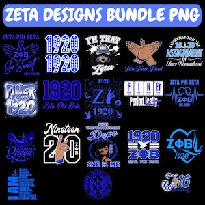 Könnte beinhalten: Eine Sammlung von blauen und weißen Zeta Phi Beta Designs in einem PNG-Bundle. Die Designs enthalten Texte wie "1920", "Finer Since 1920" und "She is Unapologetically Dope". Die Designs sind auf schwarzem Hintergrund.