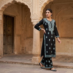 ハンドメイド ラクナウィ チカンカリ クルティ プラゾ セット: ブラック グリーン レーヨン 刺繍