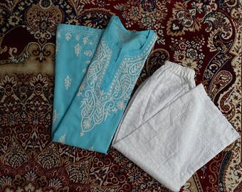 Handmade Chikankari Sky  Blue  Cotton Kurti with Palazzo Pants Embroidered Indian Set (Tariff free)