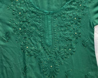 Handmade Lucknowi Chikankari Kurti: Embroidered Green Cotton