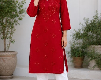 Kurti de algodón rojo hecho a mano con bordado Chikankari para mujer (sin aranceles)