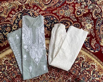 Handmade Chikankari Gray Cotton Kurti with Palazzo Pants: Embroidered Indian Set