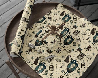 May include: A roll of beige wrapping paper and a wrapped gift with a brown ribbon sit on a wooden table. The paper features a repeating pattern of illustrations, including a portrait, snowflakes, and lanterns. Scissors and tape are also on the table.