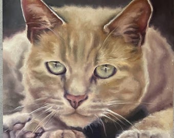 May include: A close-up oil painting of a cat with light orange fur and green eyes. The cat is looking directly at the viewer, with its paws resting in front. The painting has a soft, realistic style.