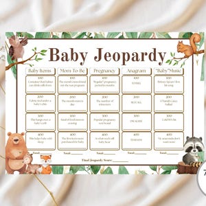 Jeu Baby Jeopardy, jeu de baby shower, carte de jeu de danger, baby shower d'animaux des bois, jeu de quiz, téléchargement numérique