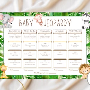 Jeu Baby Jeopardy, jeu de baby shower, carte de jeu de danger, thème animaux de safari, jeu de quiz, téléchargement numérique, baby shower à thème
