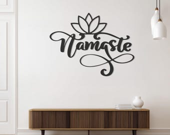 Arte de pared de metal con loto Namaste, letrero de pared para estudio de yoga, decoración espiritual para el hogar, decoración para sala de meditación zen, regalo consciente para amantes del bienestar.