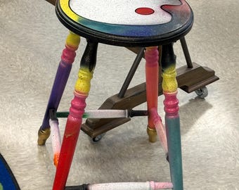 Hand-Painted Artist Bar Stool, Colorful Accent Table, Classroom Decor Teacher Artist stool 24” tall free personalization, name on top