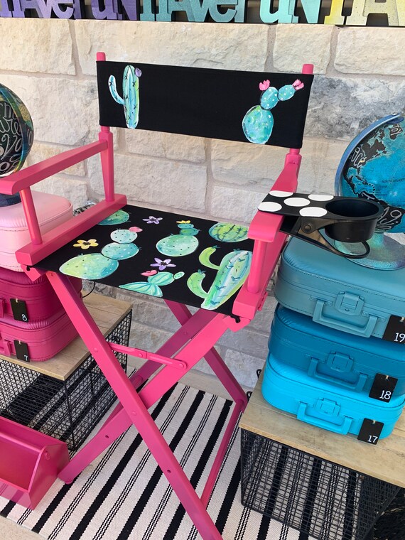 READY! Teacher Cactus Theme Director's Chair 30 Size Wood Frame Painted in  Berry Pink With Black Canvas & Painted Cactus With Cupholder - Etsy
