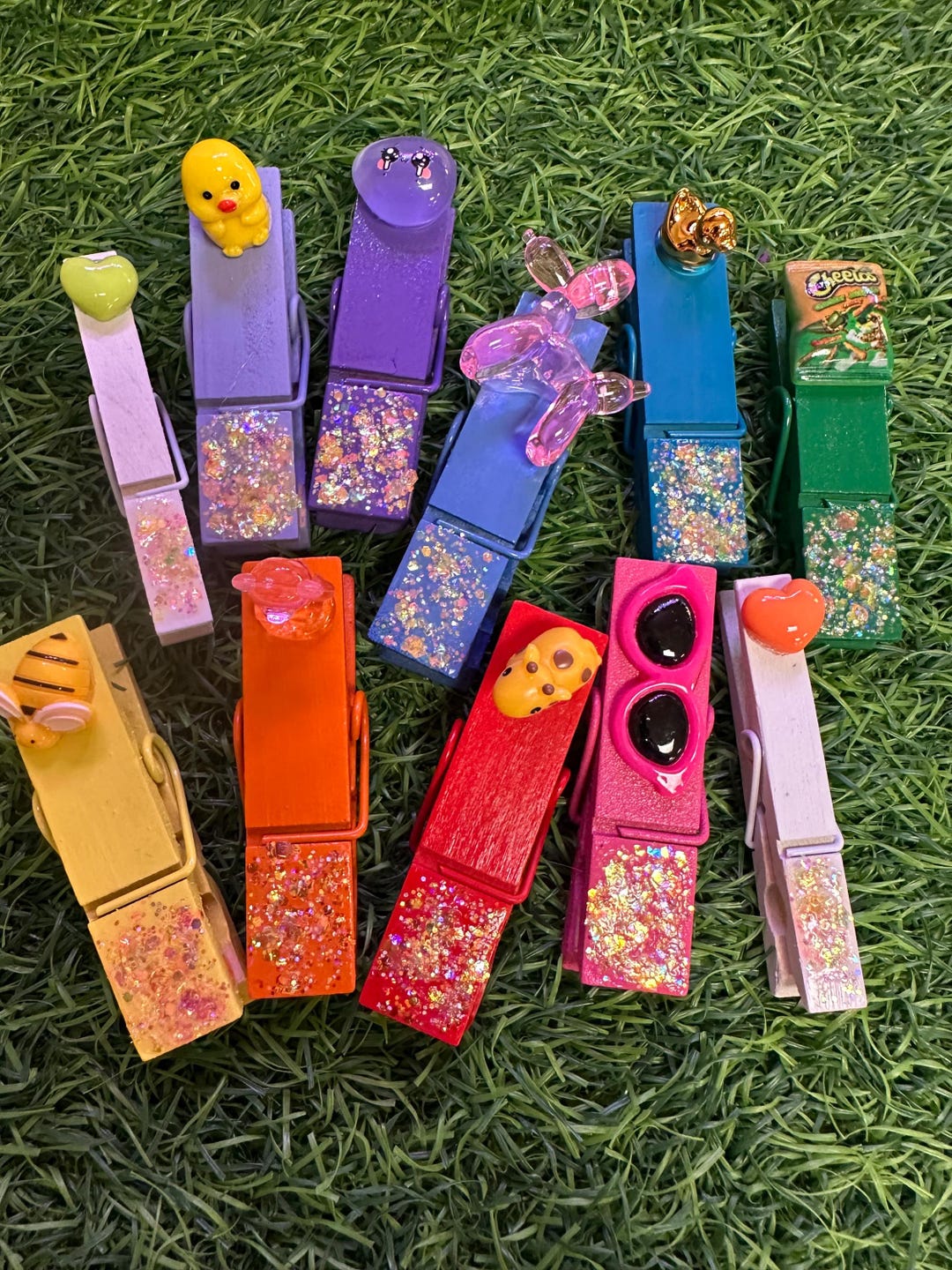 Painted Clips 9 Handpainted Clothespins Sparkley With Miniatures ,2.83” X .7” Painted ...