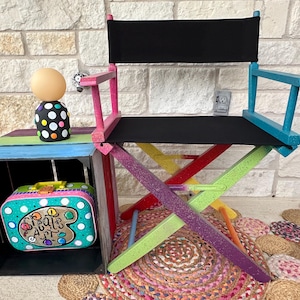 18” XL Teacher director’s chair all handpainted with color pops in purple, sun yellow, magenta, green apple, popsicle orange, apple red