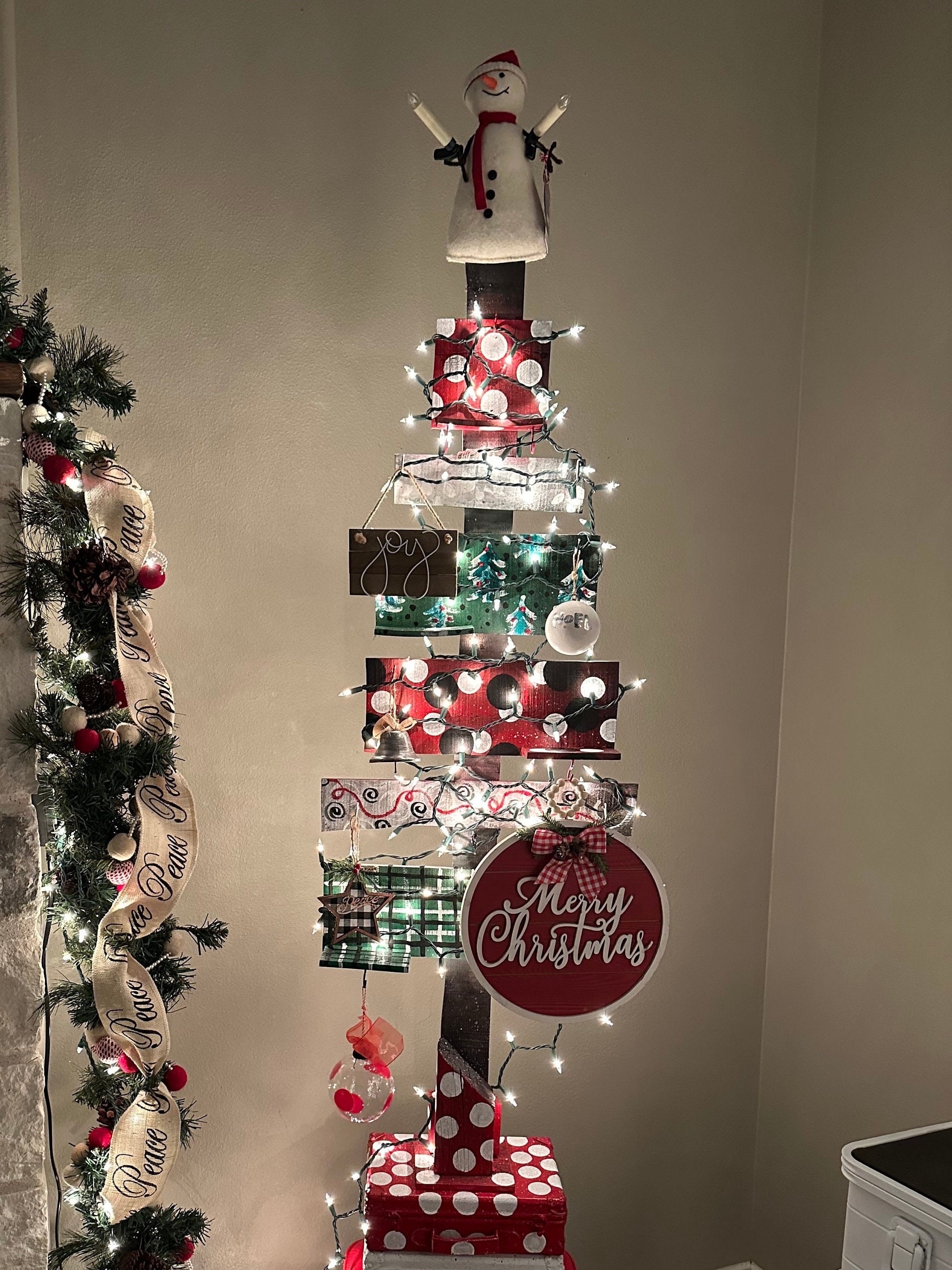 Reclaimed wood Tree “creativi-tree”  attached to one small suitcase. Add your own flair accessories topper, ornaments lights not included