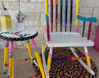 Hand-Painted Rocking Chair and stool, use as Teacher Chair, Librarian chair, Reading Specialist, Book Lover Gift, both Adult chairs