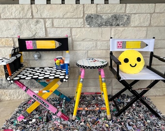 XL Teacher Director Chair, standard director chair, 24” barstool, all handpainted included free personalization,2  cupholders, 1 side bag