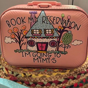 Hand Painted Vintage Suitcase: Grandma's Travel Luggage (13” x 9.5”) pastel sweet pea pink Book my reservation I’m going to MiMi’s
