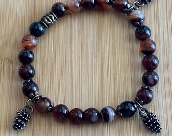 Dream Agate Pinecone charm bracelet, 8mm beaded gemstone elastic bracelet, approx. 7.5 inches.